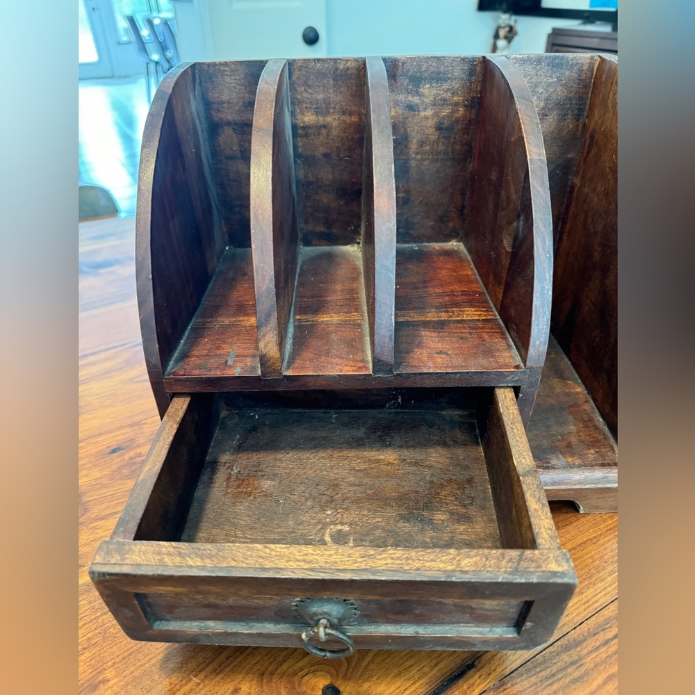 VINTAGE OLD RARE HANDMADE WOODEN LETTER / CARD RACK HOLDER WITH DRAWER 12.75” - Picture 3 of 13